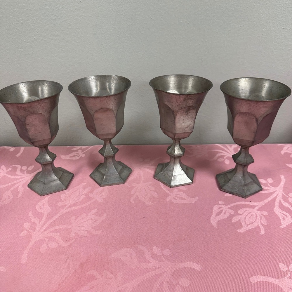 Vintage Leonard Hand Cast Pewter Goblet Set of 4 Hexagonal Chalice Made in Japan